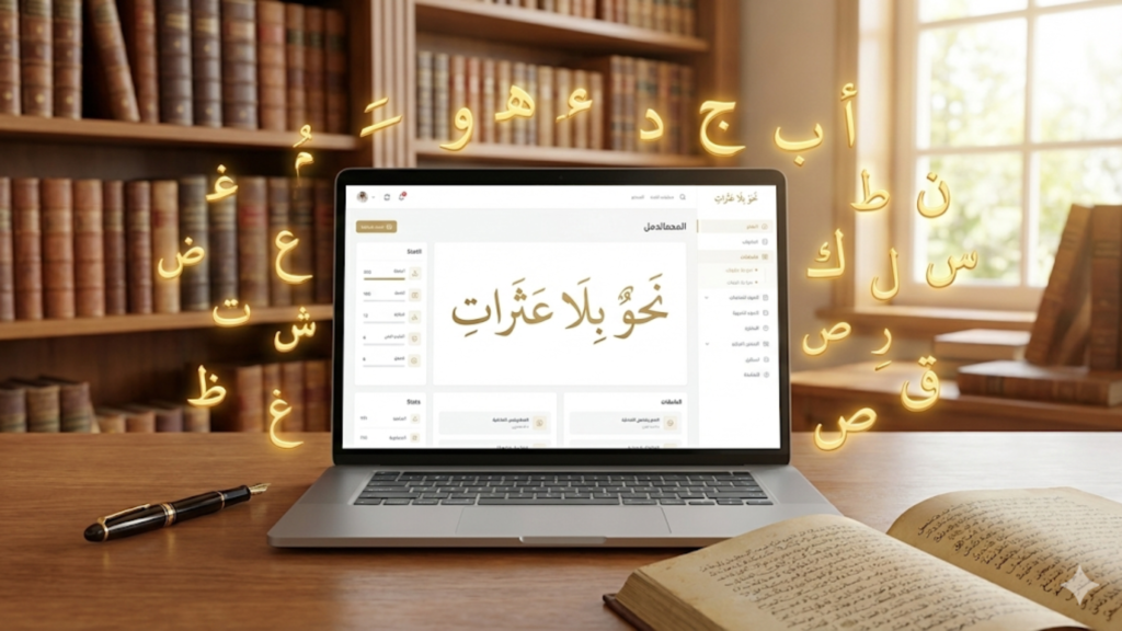 غلاف ورشة نحوٌ بلا عثرات وكتاب صون اللسان من مدرسة عنادل، يظهر حاسوبًا محمولًا مع حروف عربية ذهبية لامعة وبيئة تعليمية راقية - الأغلاط النحوية الشائعة - مدرسة عنادل